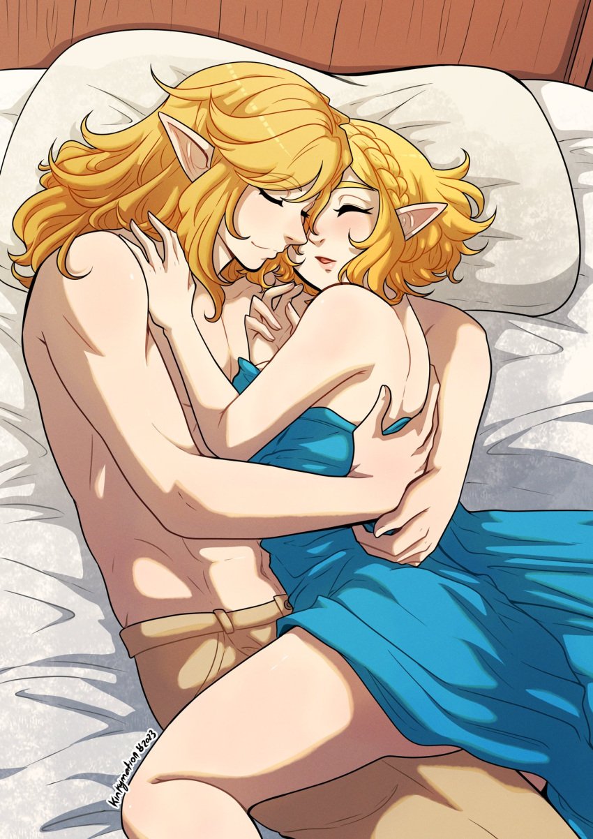 1boy 1girls bed blanket blonde_hair braid closed_eyes crown_braid cuddling group_sleeping highres hug kinkymation link pillow pointy_ears pretty_boy princess_zelda short_hair sleeping smile tears_of_the_kingdom the_legend_of_zelda topless_male wholesome zelda_(tears_of_the_kingdom)