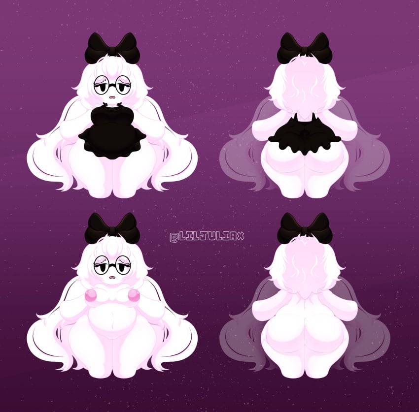 1girls ass big_breasts black_dress breasts chibi chubby colored_skin fat glasses hairbow huge_ass huge_butt mikulazo_chan multiple_views navel original_character roblox shortstack solo solo_female stomach thick_thighs thighs white_hair white_skin