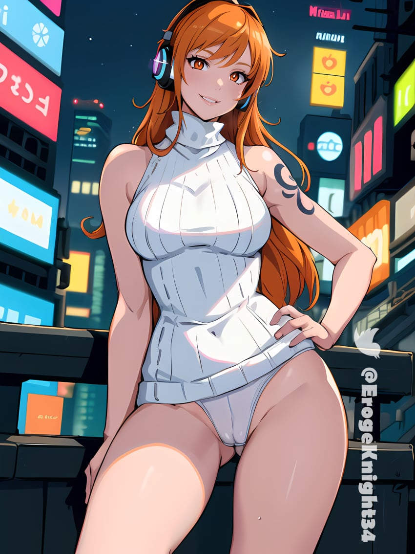 ai_generated anime anime_style bare_shoulders cameltoe cyberpunk egghead erogeknight female female_only futuristic hand_on_hip headphones nami nami_(one_piece) no_pants one_piece orange_eyes orange_hair panties post-timeskip rgb_lighting solo solo_female stable_diffusion standing sweater tattoo tattooed_arm teen white_panties