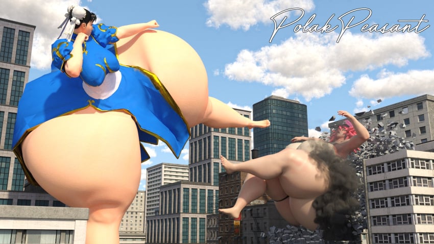 2girls 3d capcom chun-li city female final_fight giantess huge_thighs hyper_thighs kick poison_(final_fight) polakpeasant street_fighter street_fighter_6 thick_thighs