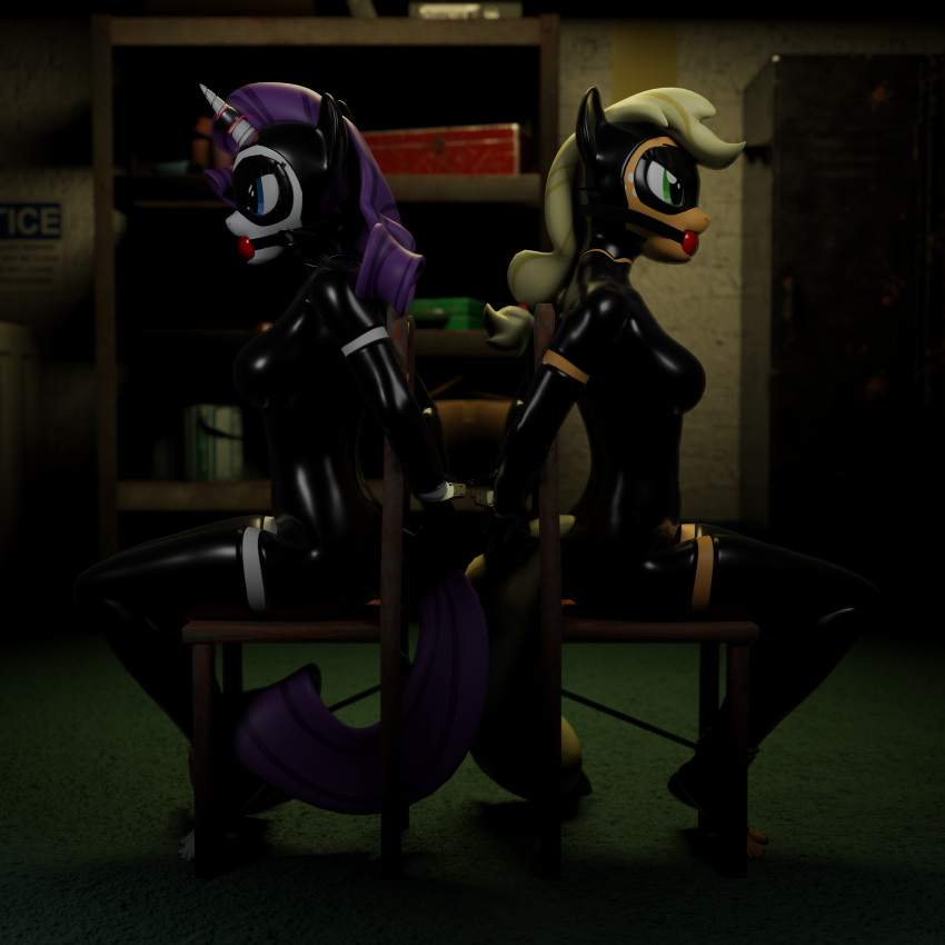 2girls 3d 3d_(artwork) angry angry_sub anthro anthrofied arms_behind_back ball_gag blonde_hair blue_eyes bondage bondage bound bound_ankles bound_wrists captured captured_heroine catsuit chair chair_bondage citizenwolf cuffs earth_pony elbow_gloves eye_mask female female_only femsub friendship_is_magic furry furry_only gag gagged gloves green_eyes handcuffed handcuffs horn horn_ring latex latex_gloves latex_hood latex_mask latex_suit latex_thighhighs magic_suppression mask multiple_girls multiple_subs my_little_pony orange_fur pony purple_hair ring storage_room submissive submissive_female tail thighhighs unicorn unicorn_horn white_fur