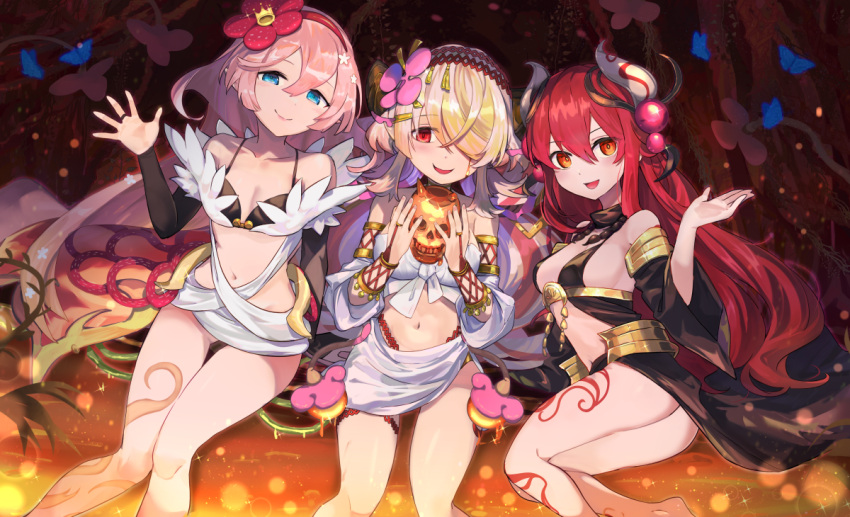 3girls beach big_breasts bikini blue_eyes blush duel_monster female female_focus female_only hair_accessory hi_res horn hsin looking_at_viewer medium_breasts pink_hair red_eyes red_hair smile smooth_skin traptrix traptrix_allomerus traptrix_pinguicula traptrix_rafflesia yellow_hair yu-gi-oh!