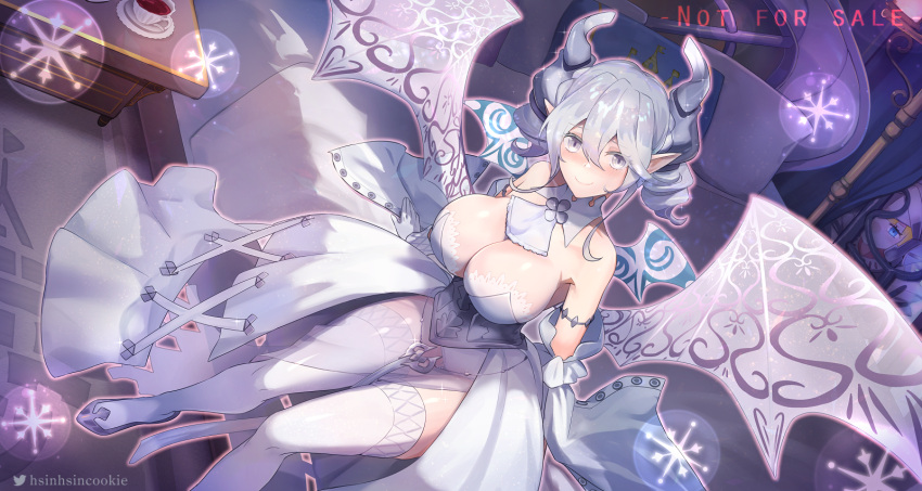 1girls bed bedroom big_breasts blush demon demon_girl dress duel_monster hi_res high_heels horn hsin huge_breasts labrynth_of_the_silver_castle looking_at_viewer lovely_labrynth_of_the_silver_castle pointy_ears silver_eyes silver_hair sitting_on_bed smile solo solo_female solo_focus tagme water white_dress wings yu-gi-oh!