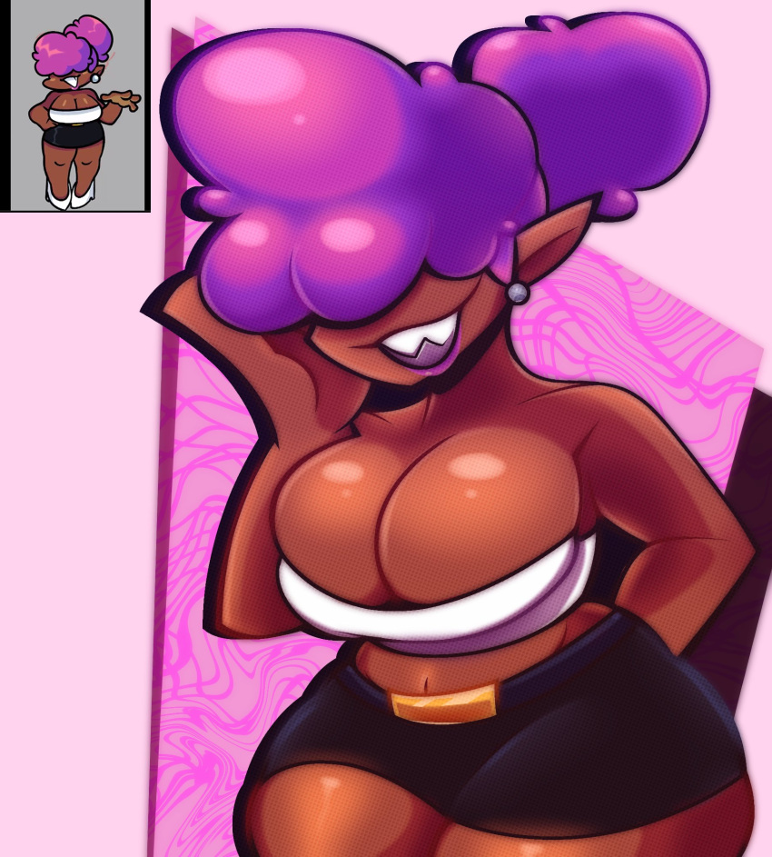 b3_gf_(blazethewolf55) big_breasts big_thighs dark-skinned_female dark_skin earrings female female_only friday_night_funkin friday_night_funkin_(b3_mod) friday_night_funkin_mod hair_covering_eyes ponytail purple_hair sharp_teeth shaya_dearest