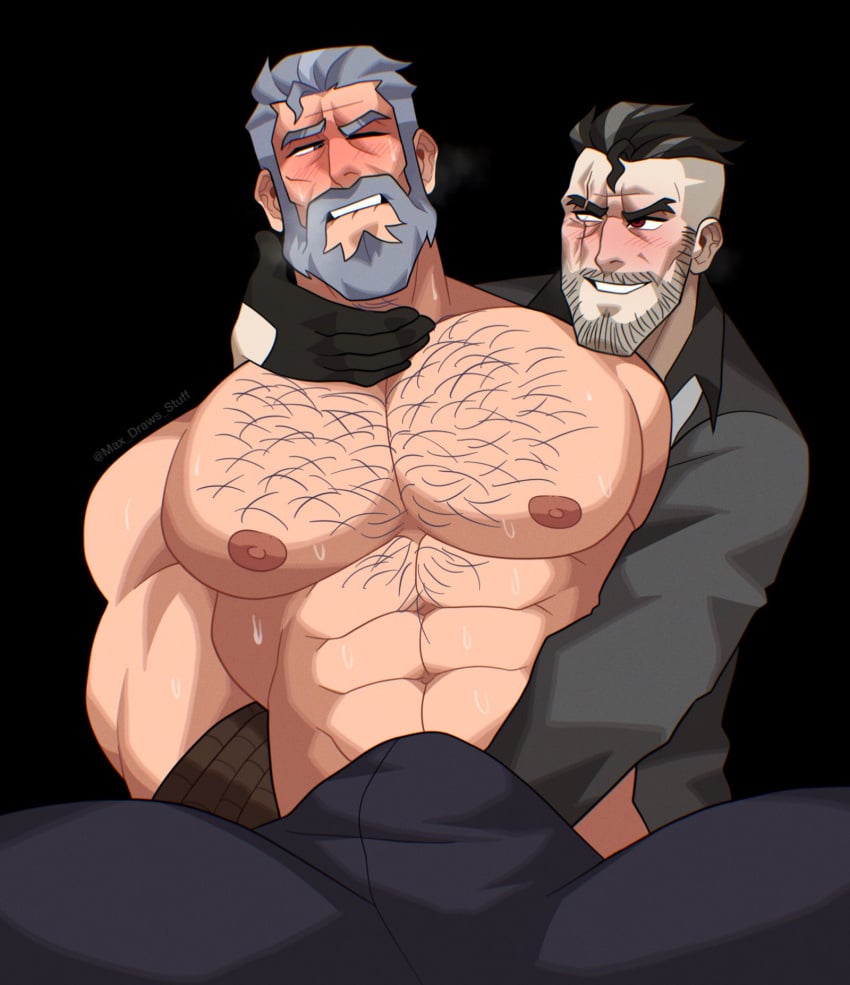 2023 2boys abs bara biceps big_bulge blush bulge deceive_inc. facial_hair gay hairy hairy_chest hans_(deceive_inc.) hi_res highres huge_bulge male male/male male_focus male_only masturbation muscles muscular muscular_arms muscular_male nipples revealyoursins touching_penis