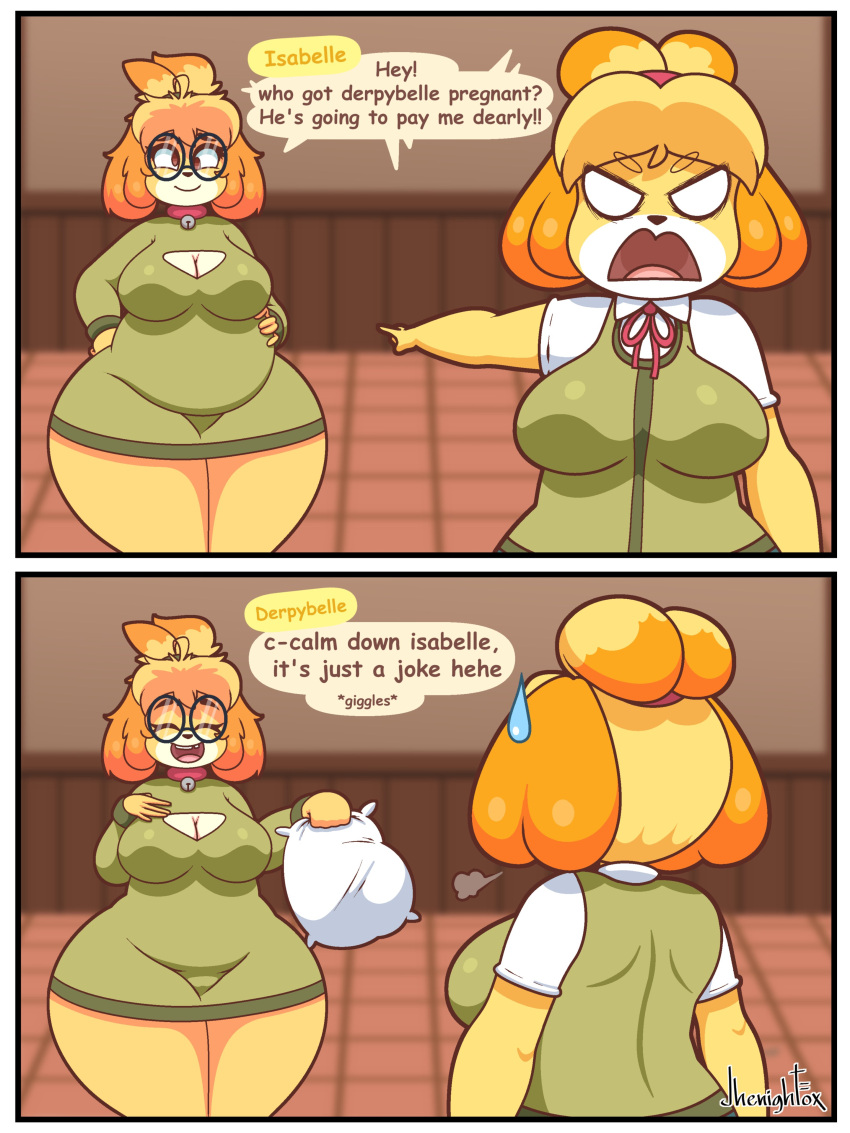 animal_crossing bell_collar big_breasts breasts cleavage collar derpybelle fake_pregnancy female female_focus female_only glasses hair_tied isabelle_(animal_crossing) jhenightfox joke nerdy nerdy_female nintendo prank ribbon thick_thighs thighs wide_hips yellow_fur