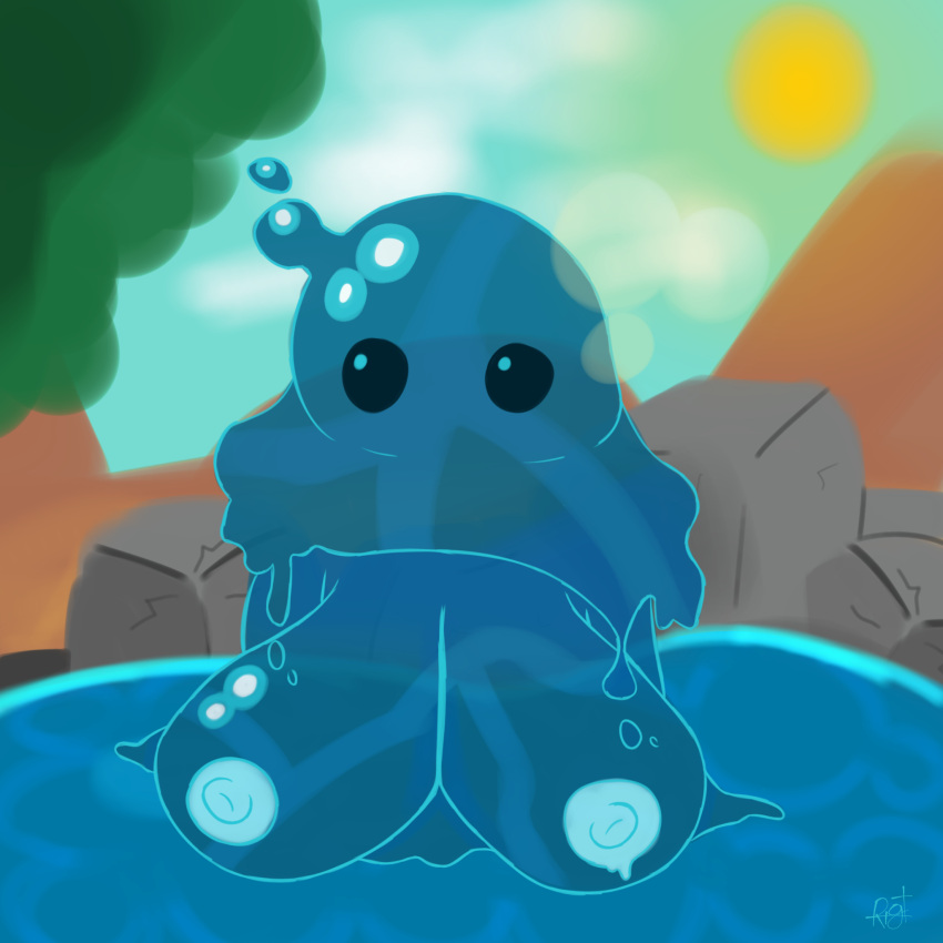 1girls 2d 2d_(artwork) breasts day daytime puddle_slime righty rock slime slime_girl slime_rancher sun water