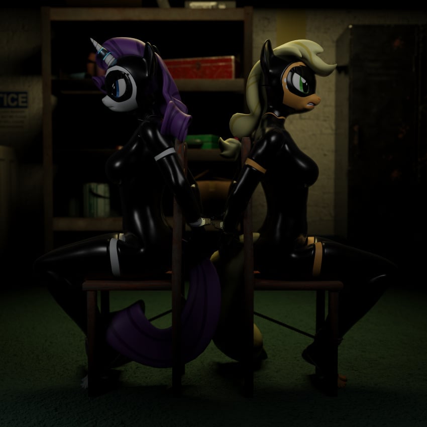 2girls 3d 3d_(artwork) angry angry_sub anthro anthrofied applejack_(mlp) arms_behind_back blonde_hair blue_eyes bondage bound bound_ankles bound_wrists captured captured_heroine catsuit chair chair_bondage citizenwolf cuffs earth_pony elbow_gloves eye_mask female female_only femsub friendship_is_magic furry furry_only gloves green_eyes handcuffed handcuffs horn horn_ring latex latex_gloves latex_hood latex_mask latex_suit latex_thighhighs magic_suppression mask multiple_girls multiple_subs my_little_pony orange_fur pony purple_hair rarity_(mlp) ring storage_room straight_hair submissive submissive_female tail thighhighs unicorn unicorn_horn white_fur