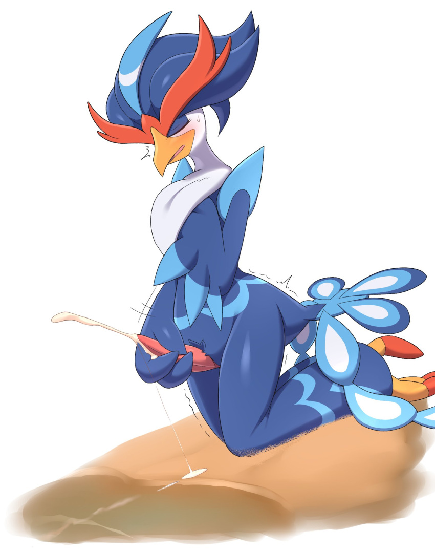 anthro beak biped blue_body blue_fur blush bodily_fluids ejaculation erection fur generation_9_pokemon genital_fluids genitals hi_res kajinchu kneeling male masturbation nintendo penile penile_masturbation penis pokemon pokemon_(species) quaquaval simple_background solo sweat white_background white_body white_fur