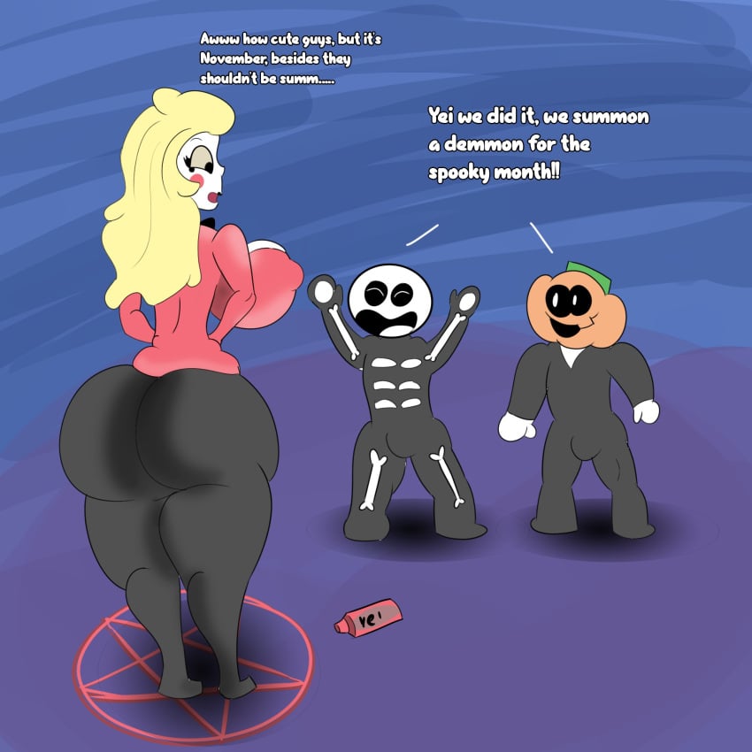 1girls 2boys ass big_ass big_breasts breasts charlie_morningstar_(hazbin_hotel) closed_eyes clothed clothed_female crossover english_text female full_body hazbin_hotel imminent_rape imminent_sex koringansfw male pump_(srpelo) ritual sideboob skid_(srpelo) smile spooky_month text