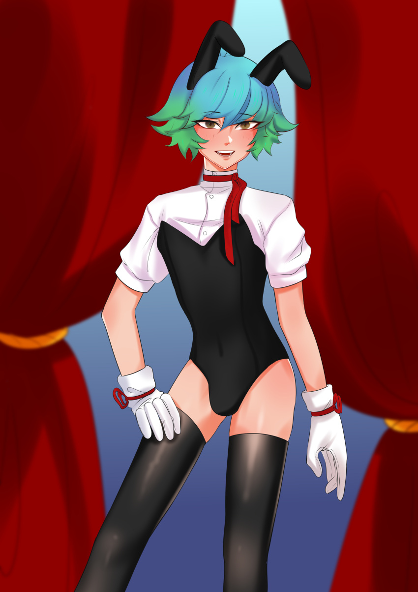 1boy androgynous blue_hair bulge bunny_ears bunnysuit femboy gloves green_hair hazel_eyes leggy_(legarch) looking_at_viewer male male_only short_hair solo source_request tagme thighhighs two_tone_hair unknown_artist