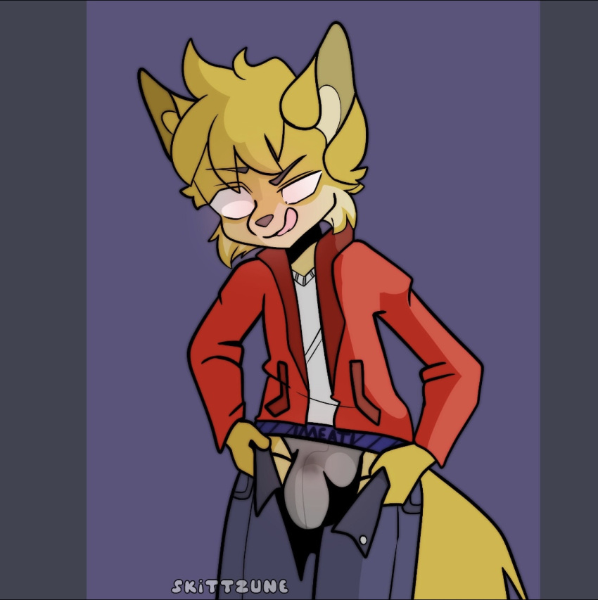 anthro bulge canid canine clothed clothing cute_expression fehn_fennec fennec fox humanoid jockstrap licking licking_lips looking_at_viewer male mammal partially_clothed skittzune solo solo_focus tail tongue tongue_out underwear undressing undressing_self