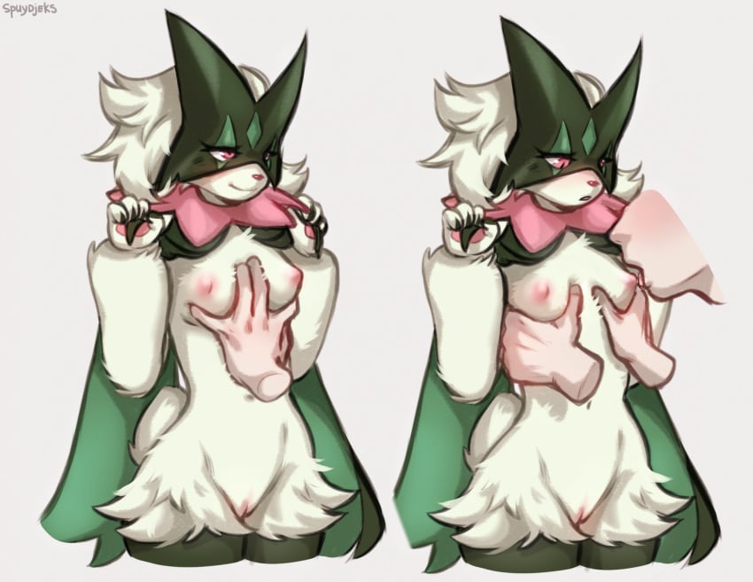 anthro blush breasts disembodied_hand disembodied_head female female_focus fur generation_9_pokemon genitals green_body green_fur hand_on_breast hand_on_chest hi_res human human_on_anthro interspecies licking mammal meowscarada nintendo nipple_fetish nipple_lick nipple_play nipples pokemon pokemon_(species) pokemon_sv pokephilia pussy red_eyes simple_background small_breasts smile solo_focus spuydjeks tongue tongue_out wide_hips