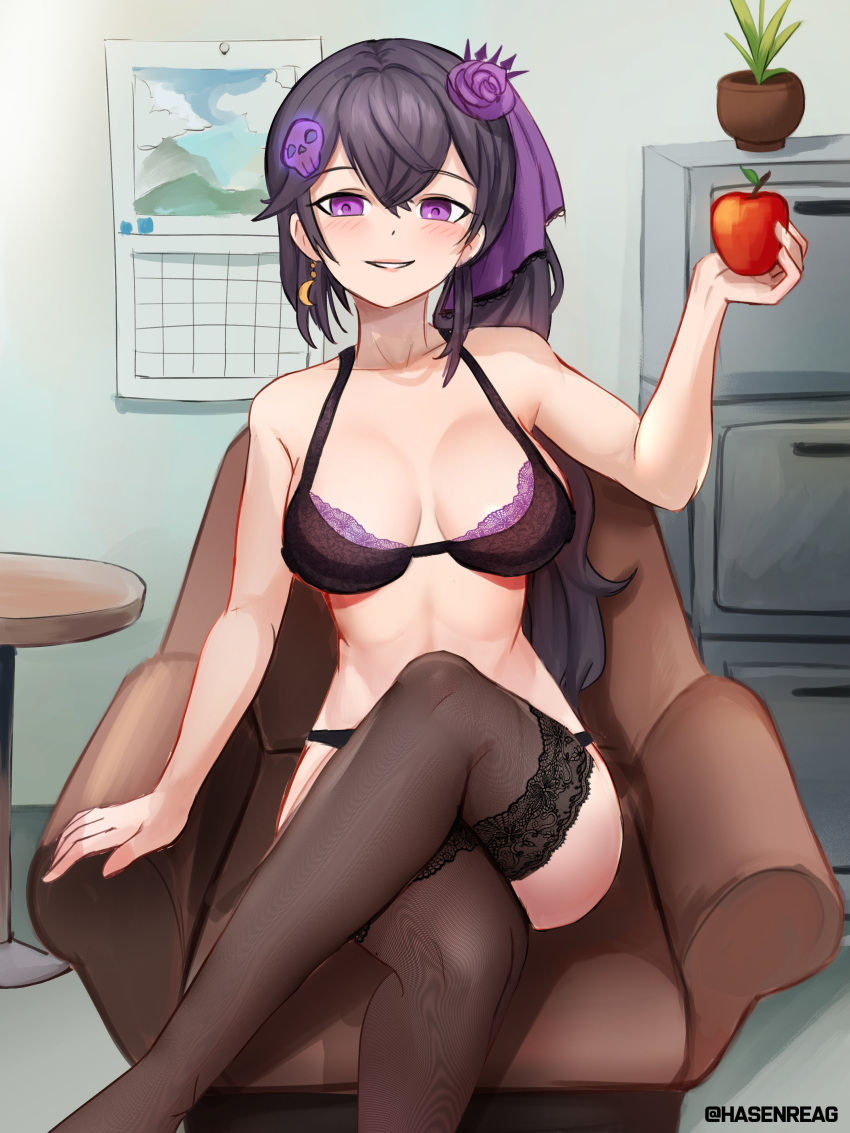 apple armchair black_lingerie hair_ornament legs_crossed ophelia_midnight purple_hair virtual_youtuber vreverie