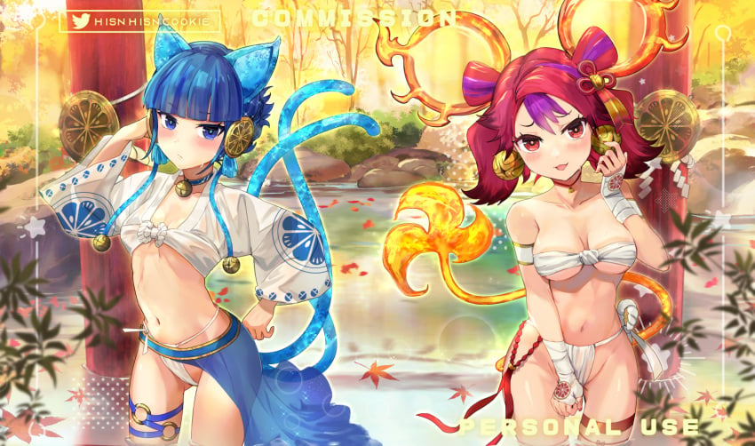 2girls bell_collar big_breasts blonde_hair blue_eyes blush cat_ears cat_tail duel_monster female_focus female_only fundoshi ha-re_the_sword_mikanko hair_ornament hi_res japanese_clothes japanese_mythology looking_at_viewer medium_breasts ni-ni_the_mirror_mikanko red_eyes red_hair shirt smile smooth_skin twintails watermark yu-gi-oh!