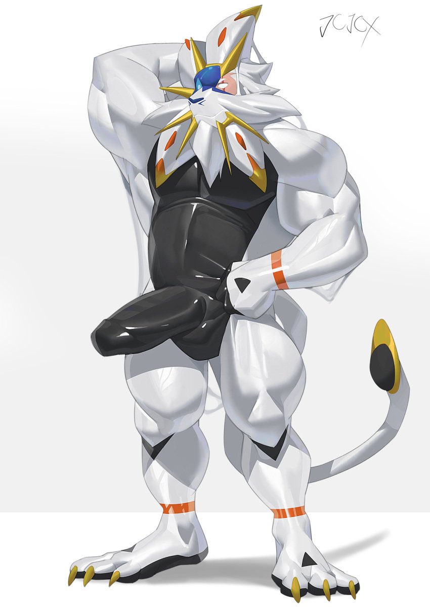 1boy 2022 3_toes absurd_res bara black_nose blizzard_entertainment blue_sclera claws clothing cxcxxcxxxx eyebrows feet furry generation_7_pokemon genitals hi_res human legendary_pokemon male male_only mammal muscular muscular_male nintendo overwatch overwatch_2 penis pokemon pokemon_(species) pose reinhardt reinhardt_(overwatch) rubber rubber_clothing rubber_suit simple_background solgaleo solo toes white_background white_clothing white_eyebrows