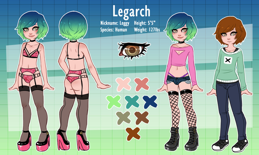 1boy before_and_after blue_hair brown_hair character_sheet crossdressing eyelashes femboy green_hair hazel_eyes leggy_(legarch) lingerie pastelpastel tagme two_tone_hair