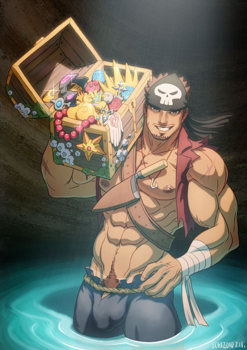 abs balls big_balls big_penis bulge chest facial_hair flaccid hand_on_hip male male_only muscles muscular muscular_male pants penis pirate schizoid solo solo_male treasure treasure_chest