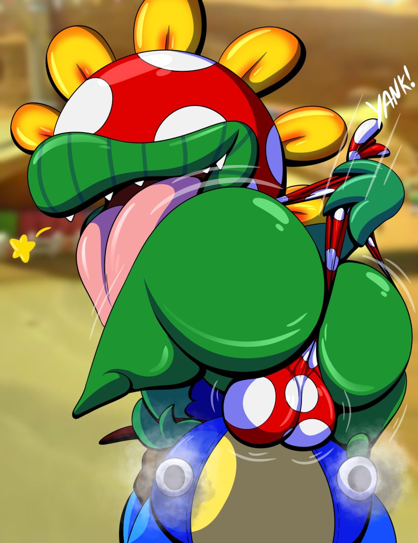 absurd_res ass balls bulge clothing detailed_bulge driving elemental_creature flora_fauna genitals hi_res male mario_(series) mario_kart nintendo petey_piranha piranha_plant plant plantie self_wedgie solo taunting tepigfan101 tongue tongue_out underwear wedgie