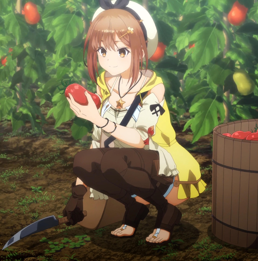 1girls ass atelier_(series) atelier_ryza_ever_darkness_&_the_secret_hideout_the_animation breasts brown_hair clothing feet holding_object reisalin_stout screencap thick_thighs thighs toeless_boots toes yellow_eyes