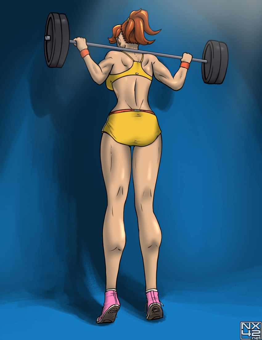 barbell behind_view brown_hair clothed earrings female human mario_(series) muscular muscular_female nx42 ponytail princess_daisy sneakers sportswear sweat weightlifting workout_clothes