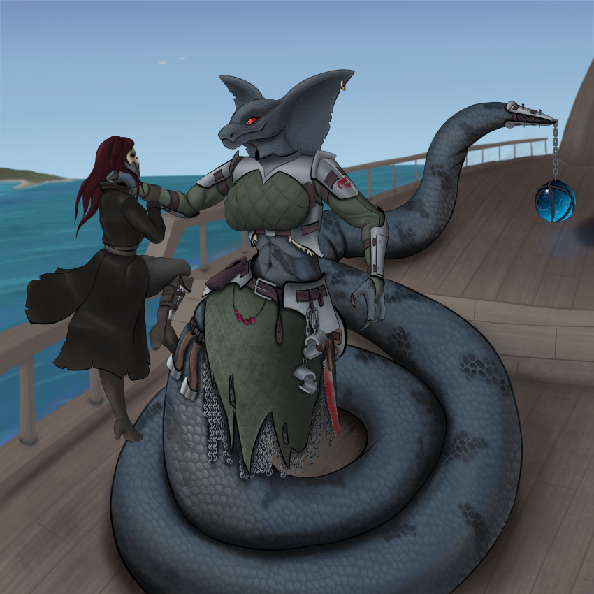 2girls armor armored_female choking d34h high_heels pirate red_eyes snake snake_girl wide_hips