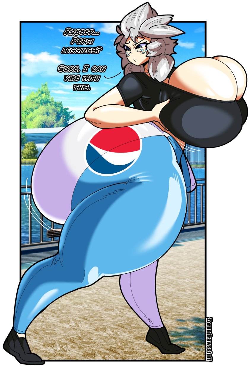 1girls 2023 artist_name ass big_ass big_breasts black_shirt breasts cleavage curvy curvy_figure english_text fat_ass female femzor fully_clothed gigantic_ass gigantic_breasts grabbing_own_breast huge_ass huge_breasts large_ass large_breasts motion_lines oc original original_character pepsi rubber_pants rubber_suit side_view solo solo_focus text tight_clothing tight_pants white_background wide_hips wiggle_lines zoruadrawsstuff