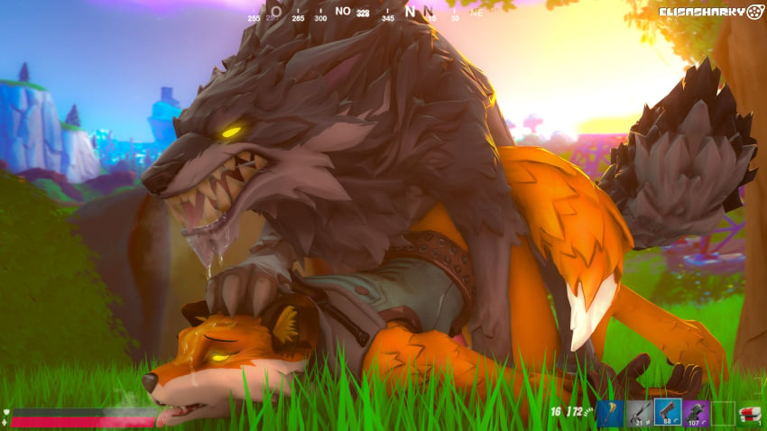 3d 3d_(artwork) absurd_res anal anal_sex anthro anthro_on_feral bodily_fluids breath breath_cloud canid canine canis digital_media_(artwork) doggy_style drooling drooling_on_partner duo feral feral_dominating_anthro fox from_behind_position gameplay_mechanics gay glowing glowing_eyes grass gui health_bar hi_res hud interspecies male male/male mammal open_mouth outdoor_sex paw_on_head penetration pinned questionable_consent saliva sex source_filmmaker tail teeth tongue wolf yellow_eyes