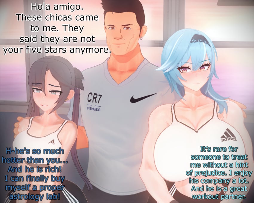 1boy 2girls big_breasts blush breasts cheating cheating_female cheating_girlfriend clothed clothed_female clothed_male clothing cristiano_ronaldo cuck cucking_viewer cuckold cuckolding english_text eula_(genshin_impact) female genshin_impact huge_breasts koikatsu large_breasts male mona_(genshin_impact) muscular muscular_arms muscular_female netorare ntr sports_bra text tsitsky! yoga_pants