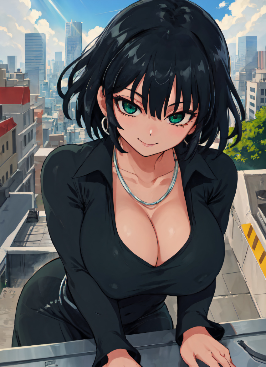 1girls ai_generated big_breasts cleavage close-up dress fubuki_(one-punch_man) green_eyes green_hair hi_res jewelry large_breasts leaning_forward mabi_ai one-punch_man short_hair