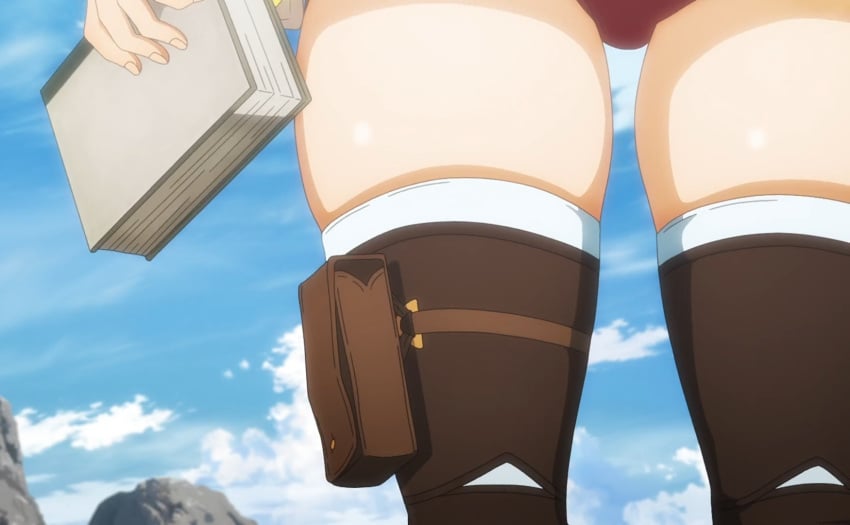 1girls atelier_(series) atelier_ryza_ever_darkness_&_the_secret_hideout_the_animation clothing holding_object lent_marslink screencap shorts thick_thighs thighhighs thighs