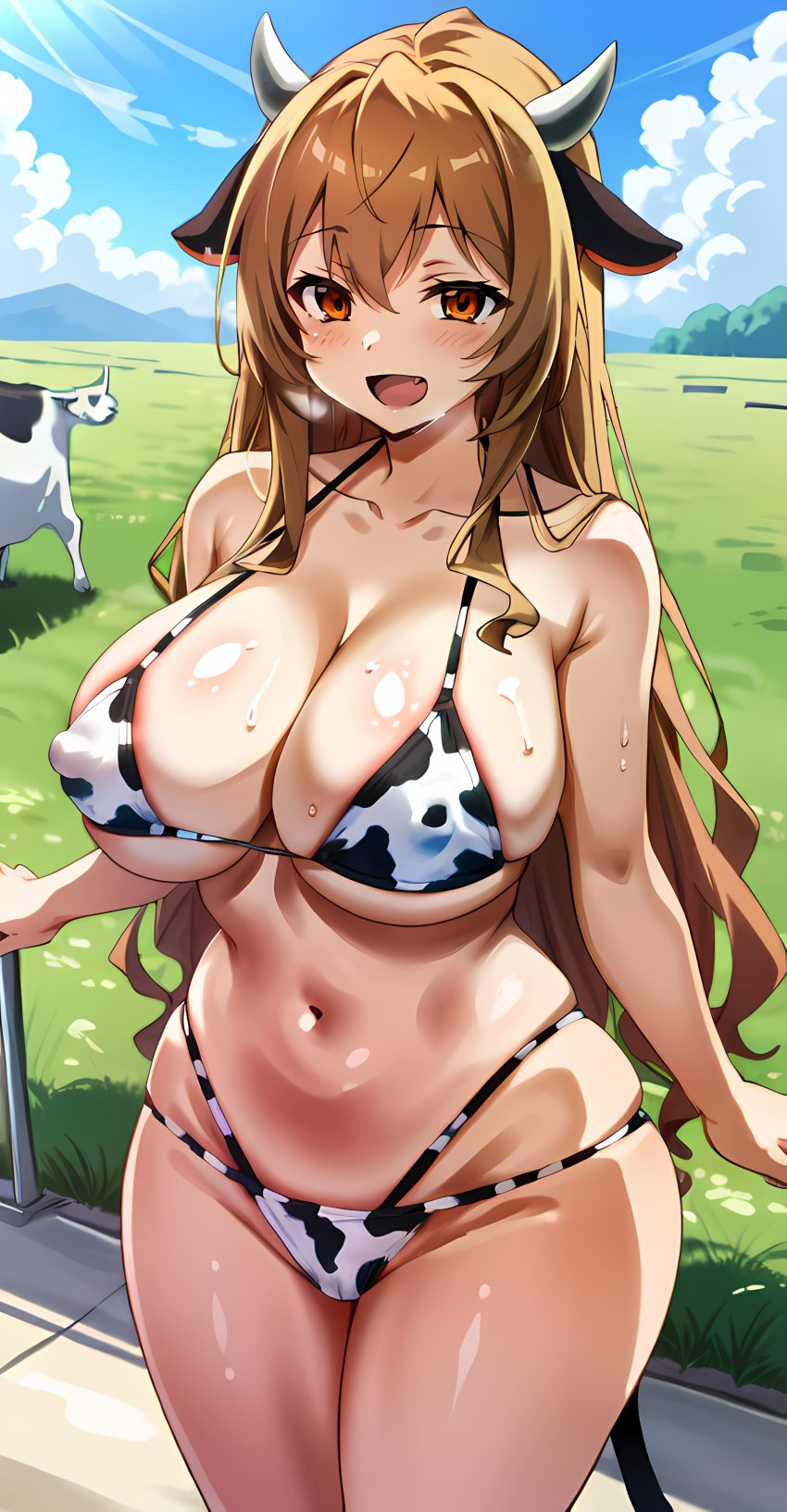 aged_up ai_generated aisaka_taiga bikini covered_nipples cow_ears cow_girl cow_horns cow_print cow_tail heavy_breathing huge_breasts looking_at_viewer open_mouth orange_eyes orange_hair outdoors smile stable_diffusion thick_thighs toradora! wide_hips