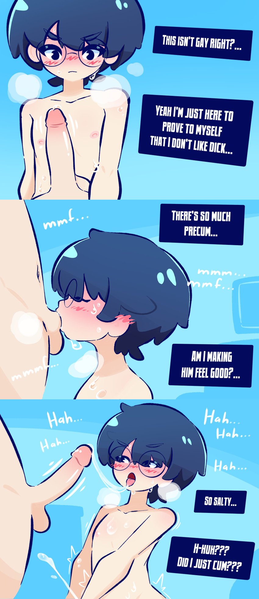 2boys 2d ahe_gao arched_back artist_self-insert balls blue_hair blush comic cum cum_in_mouth cum_inside cum_on_body cum_on_face cum_on_tongue cumshot edit erection faceless_male femboy gay gay_denial girly glasses hoobl hoobl_(character) light-skinned_male male/male male_only nipples open_mouth oral oral_sex orgasming_from_giving_oral penis precum speech_bubble sweat tongue tongue_out yaoi