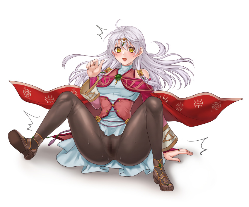 1girls absurdres alternate_costume bare_shoulders blush breasts bridal_gauntlets cape censored circlet commission detached_sleeves dress embarrassed female female_only fire_emblem fire_emblem:_radiant_dawn grey_hair half_updo hazuki_(nyorosuke) highres jewelry long_hair long_sleeves looking_at_viewer medium_breasts micaiah_(fire_emblem) micaiah_(queen_of_dawn)_(fire_emblem) mosaic_censoring nintendo official_alternate_costume open_mouth pantyhose pussy pussy_juice pussy_juice_stain pussy_visible_through_clothes see-through see-through_legwear shocked silver_hair skeb_commission solo spread_legs sweat upskirt wet_pussy white_background white_hair yellow_eyes