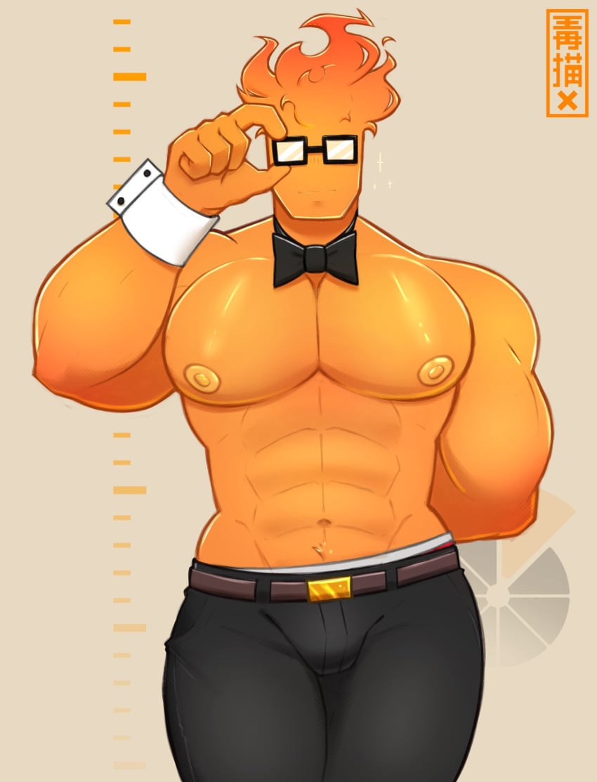 1boy 2d 2d_(artwork) 2d_artwork adjusting_glasses bara black_bowtie bottomwear bowtie buff color colored fire fire_elemental gay glasses grillby hi_res highres humanoid larger_male male_only muscles muscular muscular_male nipples orange_body pants pecs pectorals rectangular_glasses shiny_body topless topless_male ubecreamcake undertale undertale_(series) underwear