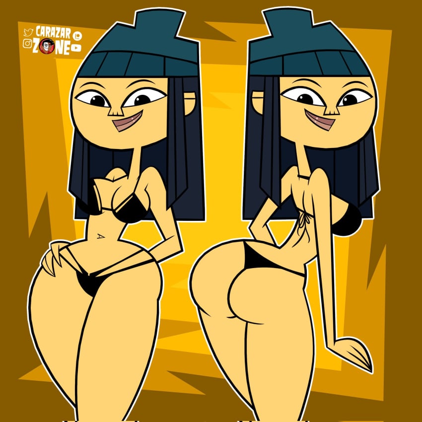 2023 asian asian_female ass bikini bikini_bottom bikini_top black_bikini black_eyes black_hair breasts brown_background carazar_zone cleavage female female_focus female_only hat mk_(tdi) orange_background thick_thighs thighs total_drama_island total_drama_island_(2023) wide_hips