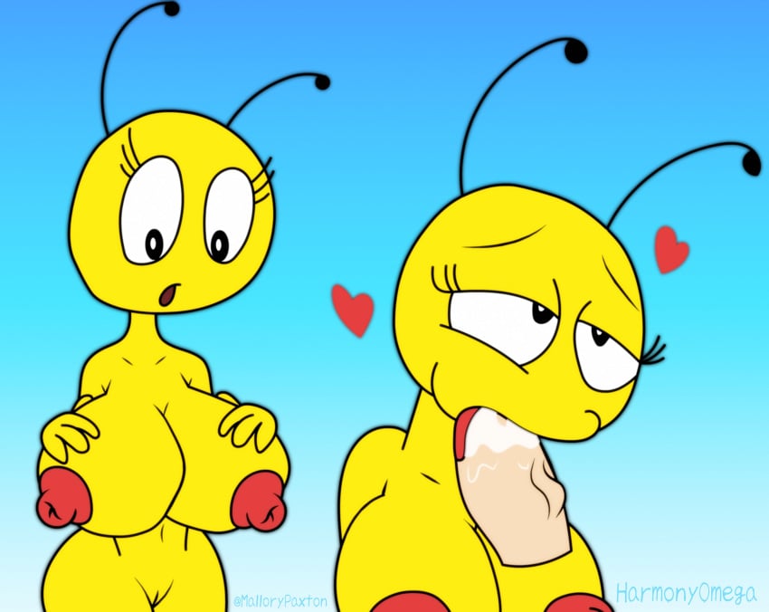 absurd_res antennae_(anatomy) arthropod bee big_breasts breasts fellatio female genitals half-closed_eyes hand_on_breast heart hi_res hymenopteran insects lena_the_bee mallorypaxton narrowed_eyes nipples oleina oral penile penis pussy russian_cooking_oil_commercial sex spreading tongue tongue_out vein veiny_penis wings yellow_body