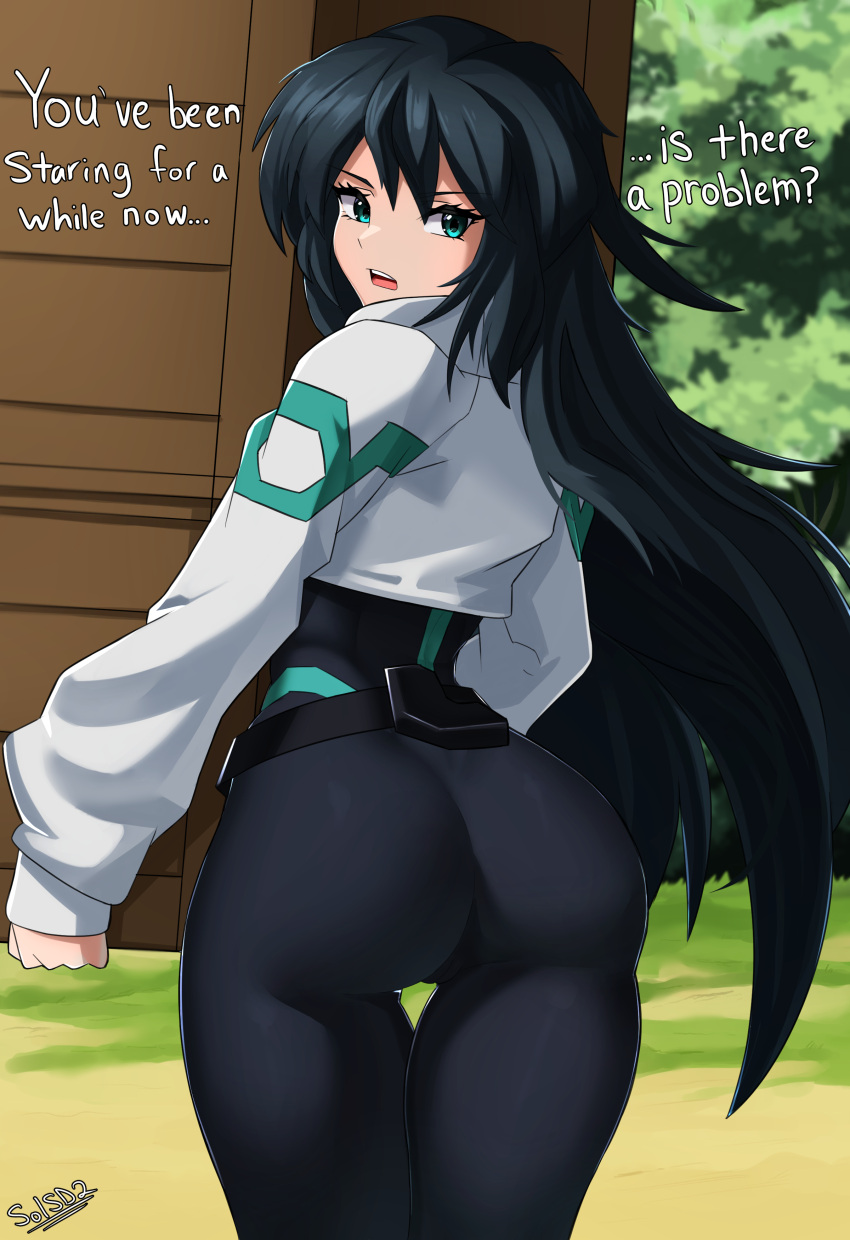 absurdres aqua_eyes ass black_bodysuit black_hair blush bodysuit carrying english_text female from_behind gundam gundam_build_divers gundam_build_divers_re:rise highres impossible_bodysuit impossible_clothes long_hair looking_at_viewer looking_back may_(gundam_build_divers_re:rise) open_mouth outdoors shrug_(clothing) skin_tight sol-sama_d2 solo standing very_long_hair