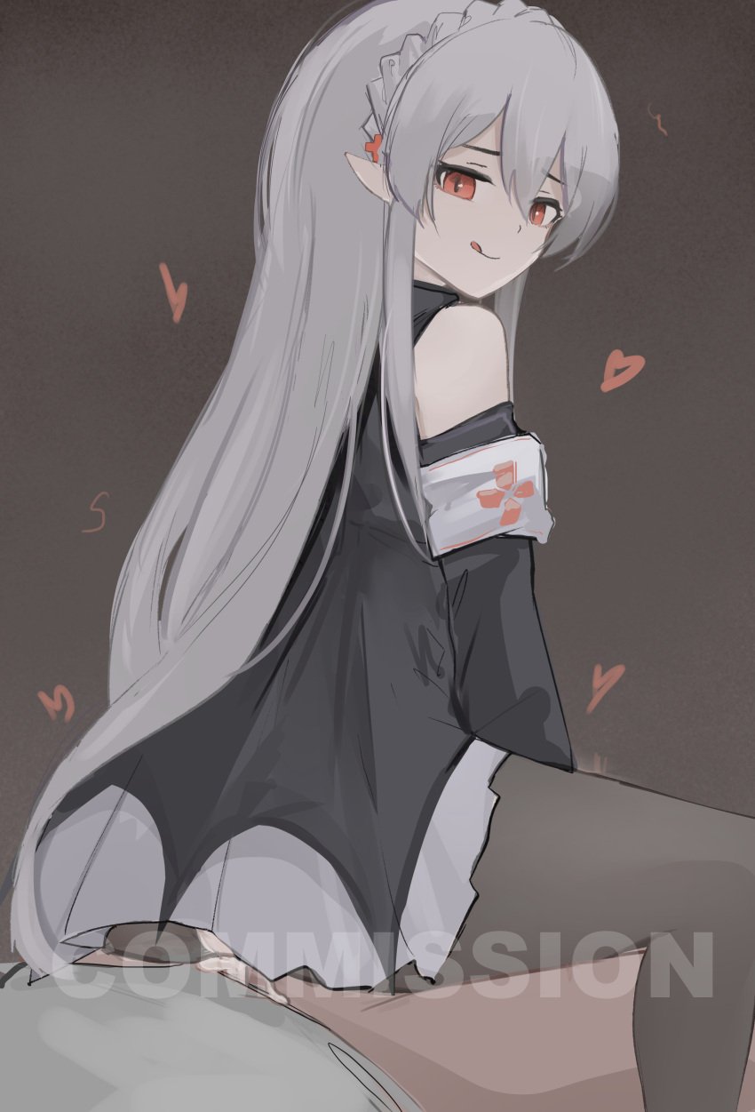 :q absurdres arknights black_background black_dress black_pantyhose black_sleeves braid clothed_sex commission crown_braid cum cum_in_pussy detached_sleeves dress female grey_hair hair_between_eyes heart highres long_hair looking_at_viewer pale_skin pantyhose pointy_ears pov red_eyes sex simple_background solo_focus tongue tongue_out torn_clothes torn_pantyhose vaginal_penetration very_long_hair warfarin_(arknights) wawamachi_(wawamachis)