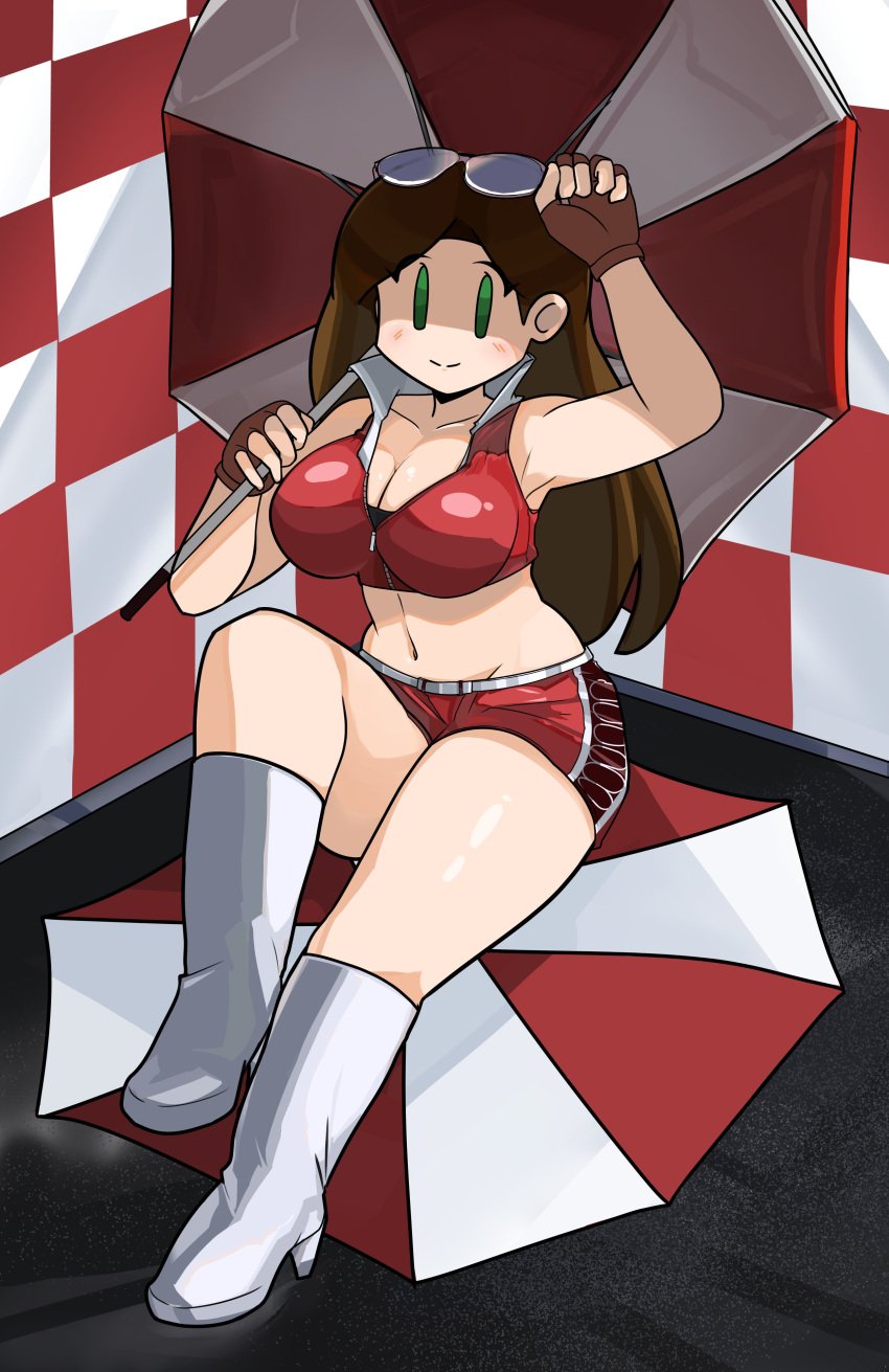 big_breasts claire_redfield claire_redfield_(cosplay) clothed cosplay crop_top hot_pants hotpants kneehighs parasol race_queen resident_evil resident_evil_code_veronica shadowleggy sitting sunglasses sunglasses_on_head umbrella youtube youtuber_girl