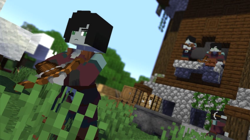 2boys 2girls 3d black_hair green_eyes grey_body grey_skin mine-imator minecraft mystic100 pillager_(minecraft) tagme