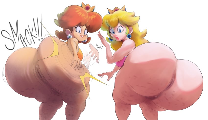 2girls anus ass ass_focus bare_ass barrybbeesly big_hair blonde_female blonde_hair blue_eyes bottomless breasts brown_hair cellulite earrings female female_only hair hi_res huge_ass human lipstick long_hair looking_at_another looking_back makeup mario_(series) multiple_girls nintendo princess_daisy princess_peach pussy simple_background sound_effects standing stretch_marks thick_thighs white_background wide_hips