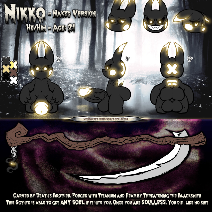 back_view character_sheet color_palette expressions front_view glowing glowing_body glowing_eyes glowing_genitalia glowing_penis mimikyu naked nikko_(puffylover69) nintendo pokémon_(species) pokemon puffylover69 reference_sheet scythe side_view small_but_hung