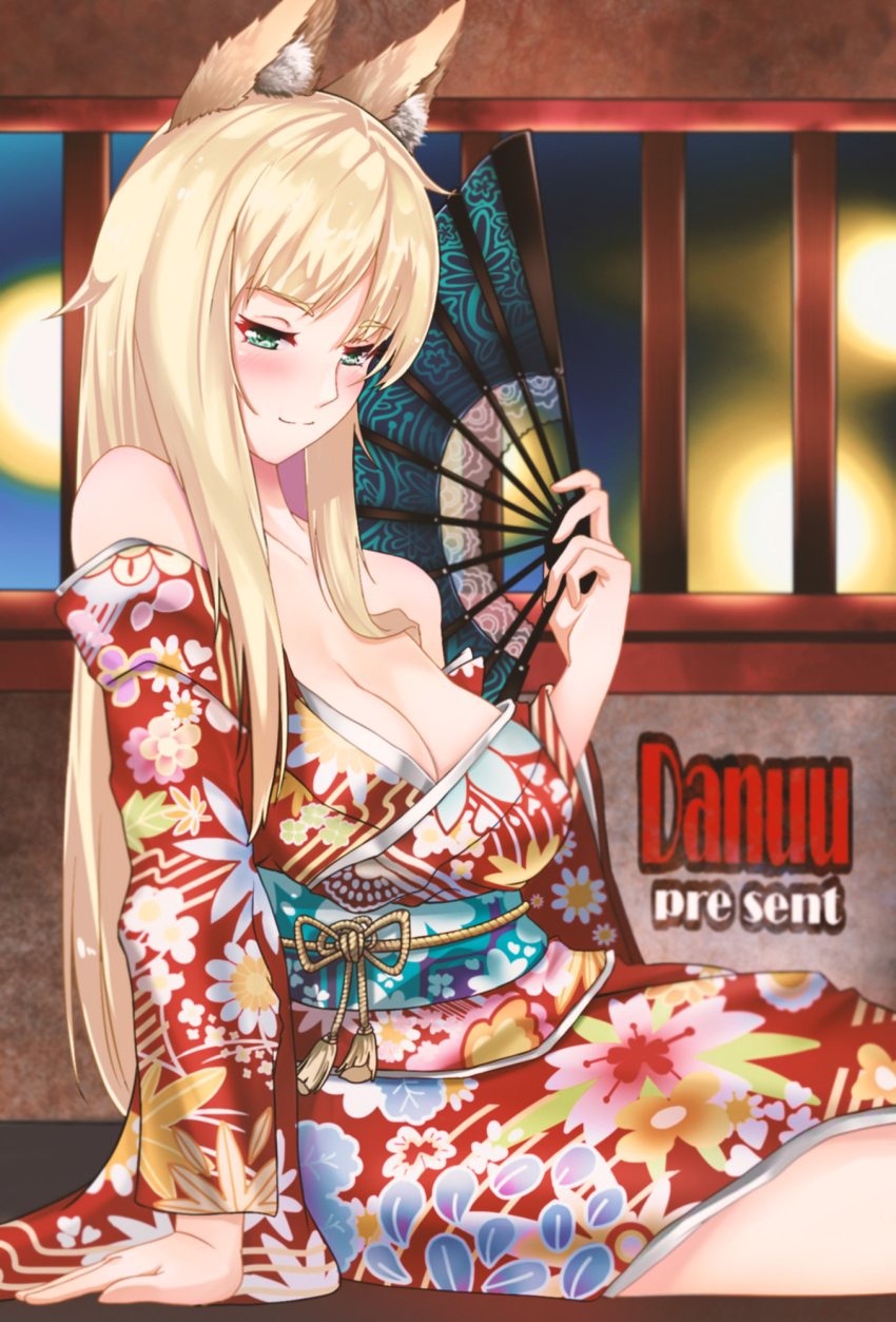 1girls big_breasts blonde_hair blush breasts cleavage danuuu dungeon_ni_deai_wo_motomeru_no_wa_machigatteiru_darou_ka fan female fox_ears fox_girl fox_tail haruhime kimono sitting smile tagme