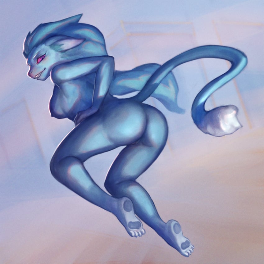 2023 4_toes anthro ass barefoot blue_body blue_fur blue_hair breasts ciel.chevalier clenched_teeth digital_media_(artwork) eyebrows fangs feet female ferrin fur genitals hair hi_res long_hair long_tail looking_at_viewer mammal nipples nude paws pupils purple_eyes pussy simple_background slit_pupils solo tail teeth the_drifter_(hyper_light_drifter) toes