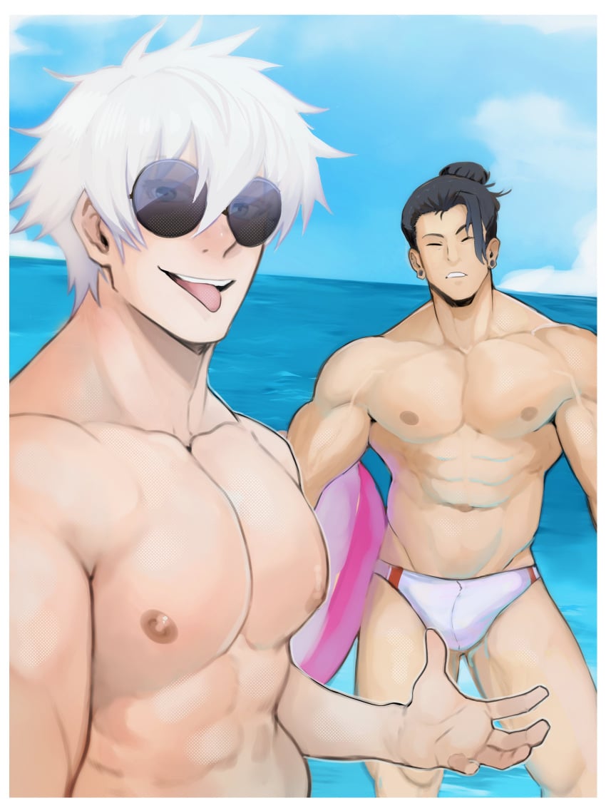 2boys beach beach_background black_hair gay gay_men grey_hair inflatable_toy jujutsu_kaisen looking_at_viewer male male_only man_bun muscular_men ocean_background pecs pierced_ears robokeh satoru_gojo speedo speedo_only suguru_geto tagme tinted_glasses