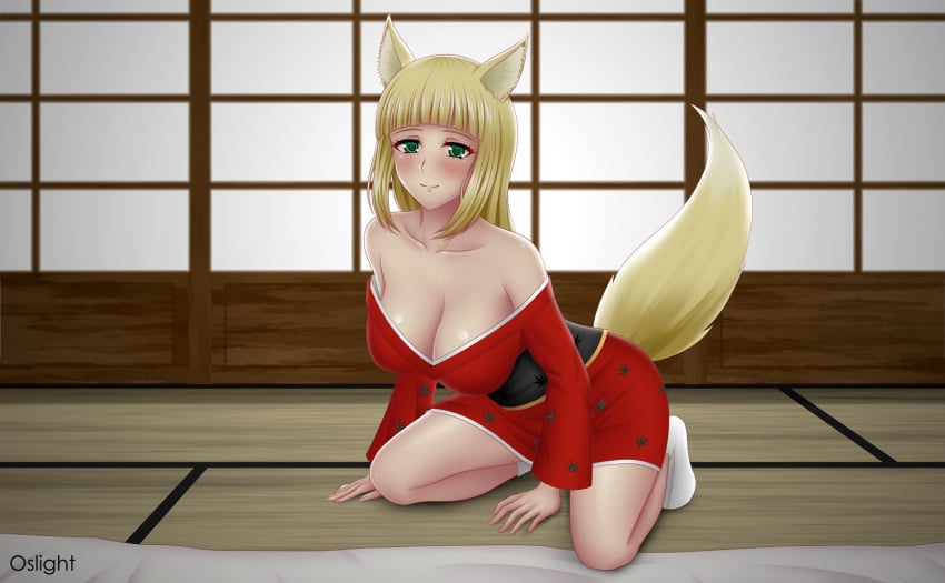 1girls big_breasts blonde_hair cleavage dungeon_ni_deai_wo_motomeru_no_wa_machigatteiru_darou_ka fox_ears fox_girl haruhime indoors japanese_house kimono oslight tagme