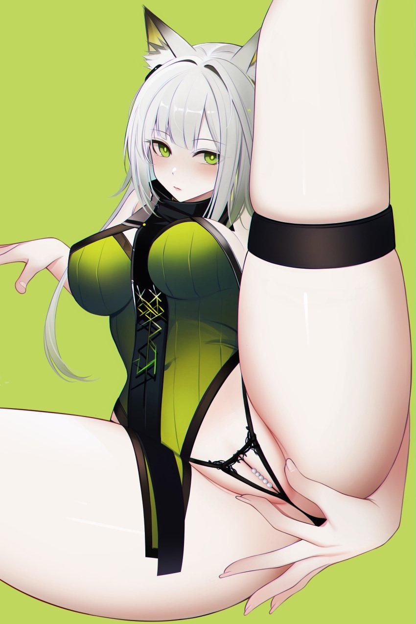 absurdres animal_ears arknights ass ateoyh black_panties blush breasts cat_ears cat_girl dress female green_background green_dress green_eyes grey_hair highres kal'tsit_(arknights) large_breasts long_hair looking_at_viewer panties pearl_thong presenting_pussy simple_background skindentation solo thigh_strap thighs underwear