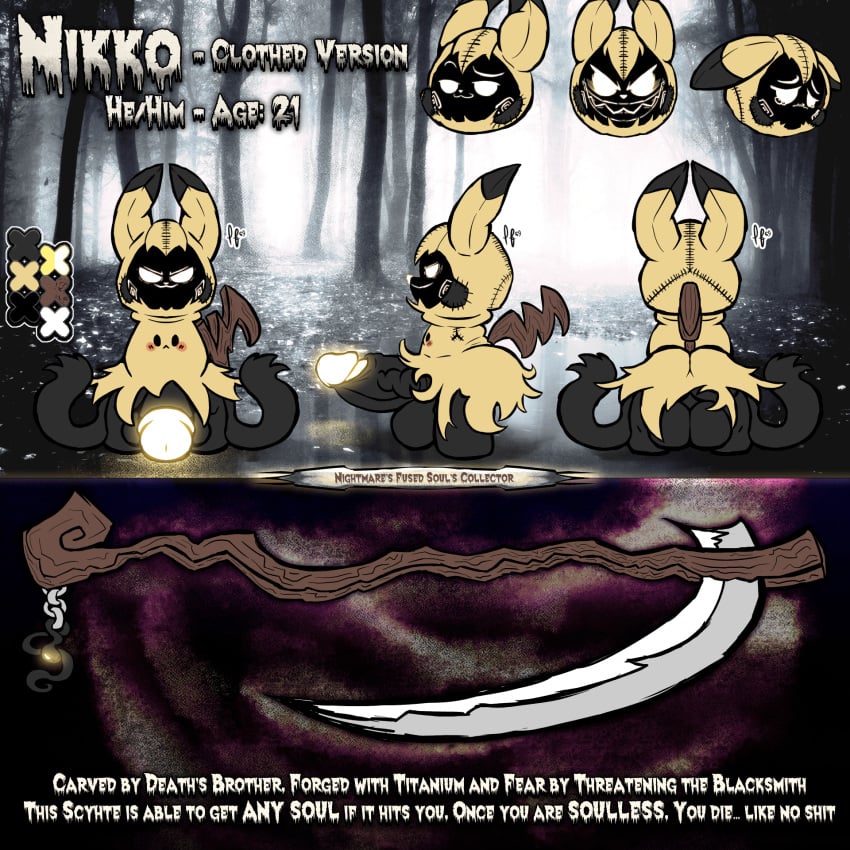 back_view character_sheet clothes color_palette expressions front_view glowing glowing_body glowing_eyes glowing_genitalia glowing_penis mimikyu nikko_(puffylover69) nintendo pokémon_(species) pokemon puffylover69 reference_sheet scythe side_view small_but_hung