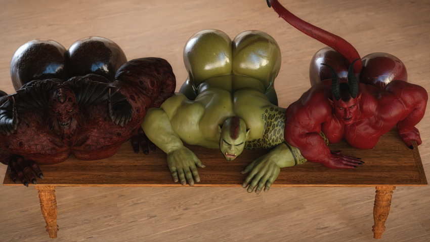 3boys ass dark-skinned_male dark_skin demon gay hi_res horns humanoid inviting male male/male/male male_only muscular muscular_male nsfwmaker nude orc orc_male presenting tail